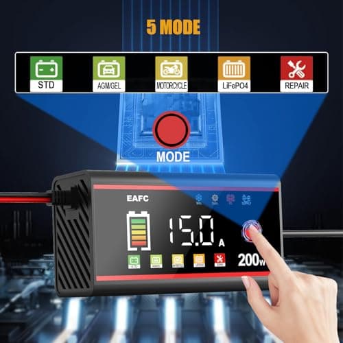 EAFC 200W 15Amp Car Battery Charger, 12V Smart Battery Fast Charger for Car/Truck/Motorcycle Gel, AGM, Wet, SLA, EFB, LiFePO4, etc. with Pulse Repair Mode,Short-Circuit Protection, LCD Color Display — view 5