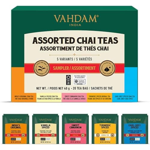 VAHDAM, Assorted Chai Tea Bags Sampler (5 Flavors, 20 Ecofriendly Pyramid Tea bags) I Gift Ideas for Women & Men | Masala Chai Tea Varieties from India | Gluten Free & Non GMO | Gifts for Him/Her