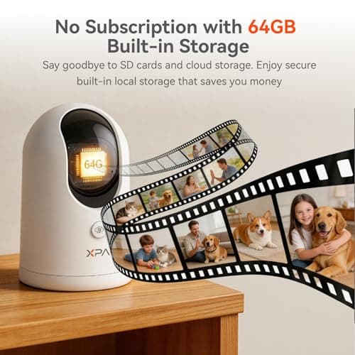 xpai 4K UHD Indoor Camera, 64G Built-in Storage No Subscription,Pet Camera Indoor with Phone App,Work as Baby Monitor/Cat/Dog Camera,360°Pan&Tilt,Two-Way Talk,Privacy Mode,AI Tracking/Detection