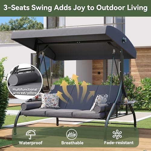 Aoxun Outdoor Porch Swing with Stand and Canopy, 3 Seats Outdoor Swings for Adults, Convertible 2 in 1 Swing Bed with Cup Holder, Patio Swings with Thicken Cushions for Garden, Yard & Balcony, Grey — view 4