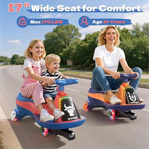 ANPABO 12V Electric Wiggle Car for Kids, 2 Seater 2 in 1 Swing Car with Pedal, 2 x 75W Motors, 2 Speeds Ride On Toy, Bluetooth, Flashing Wheels, Anti-Rollover, 170 Lbs Max Load, Ages 3+, Blue — view 2