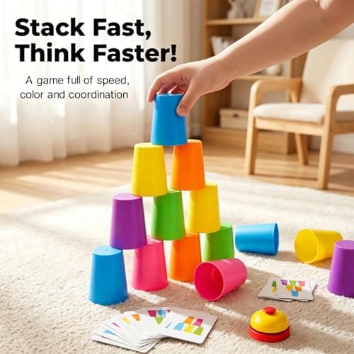 Speed Stacking Cups Game Set - 12 Stacking Cups, 54 Cards, Bell - Cup Stacking Set for Competitive Play & Cognitive Training - Family Battle or Classroom Stacking Game, Parent-Child Interactive Toy