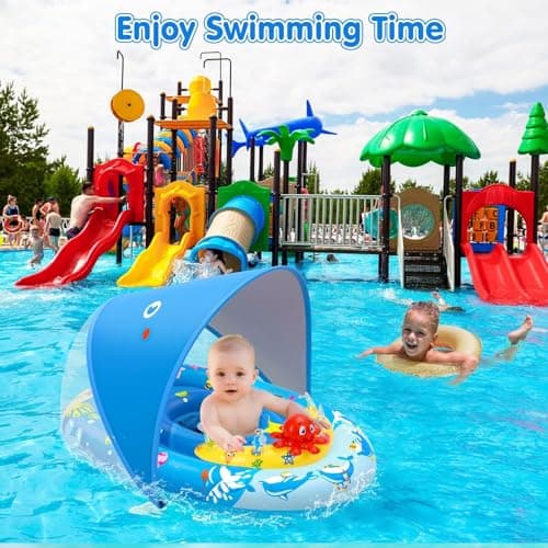 EZIGO Baby Pool Float with Canopy UPF50+ Sun Protection, Inflatable Kids Pool Float with Ocean Animal Toys for Babies 6-36 Months, Infant Swimming Float with Adjustable Safety Seat for Boys Girls — view 5