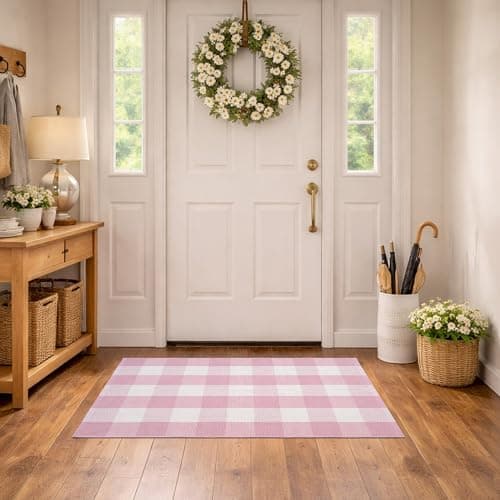 Spring Pink and White Plaid Rug, 2'4" x 3'7" Cotton Blend Layered Doormat Rug for Front Door, Hand-Woven Washable Entryway & Porch Decor — view 4