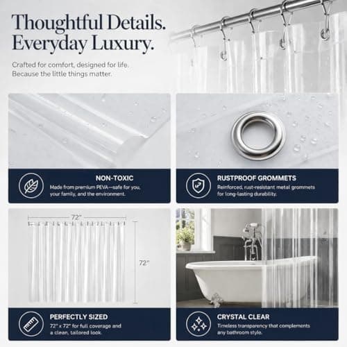 EHZNZIE Crystal Clear Shower Curtain Liner 72x72, PEVA Waterproof Bath Curtain, No Chemical Smell, 3 Weighted Magnets, Durable with Rustproof Metal Grommets — view 2