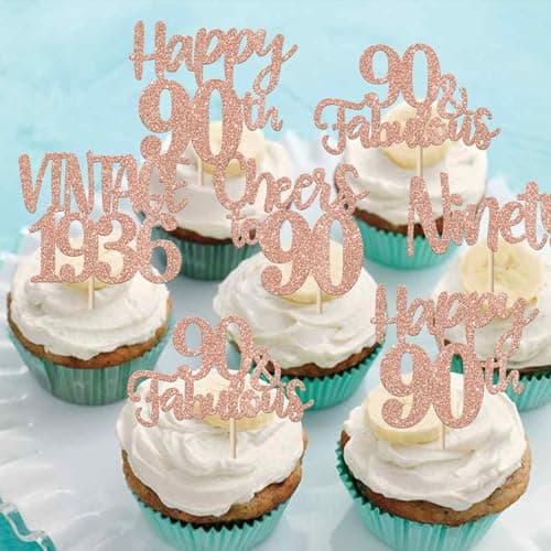 ZHUOWEISM 24 PCS Happy 90th Birthday Cupcake Toppers Glitter Ninety 90 Fabulous Vintage 1936 Cupcake Picks for Cheers to 90 Years 90th Birthday Wedding Anniversary Party Cake Decorations Rose Gold — view 3