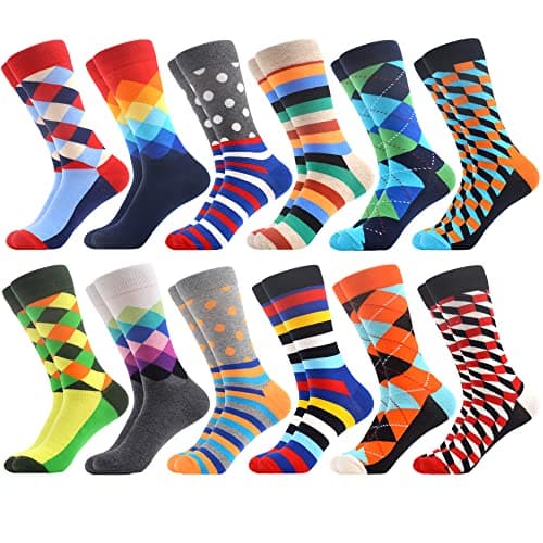 WeciBor Men's Dress Colorful Novelty Funny Crew Socks, 12 Pairs Multicolor Geometric, Size 9-13