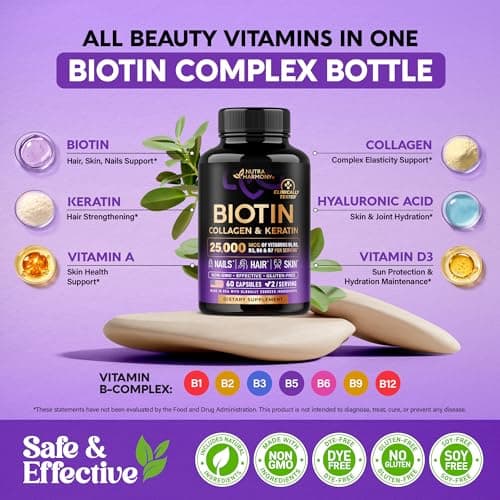 Biotin | Collagen | Hyaluronic Acid | Keratin - Hair Growth & Strength Support Vitamins - Skin & Nails Supplement - Clinically Tested for Men & Women - 25000mcg Vitamins B1, B2, B3, B6 & B7 - 60 Caps — view 5