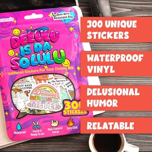 300PCS Funny Stickers for Adults - Delulu is Da Solulu Sticker Pack By Puraesla - Sarcastic Meme Decals for Best Friends, Co-Workers Waterproof Vinyl for Laptop, Water Bottle, Journal, Scrapbooking