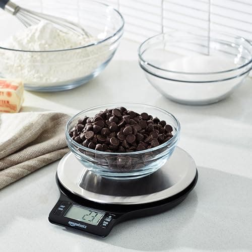Amazon Basics Digital Kitchen Scale with LCD Display, Tare Function, Multiple Units, Weighs up to 11 Pounds, Batteries Included, Black and Stainless Steel — view 7