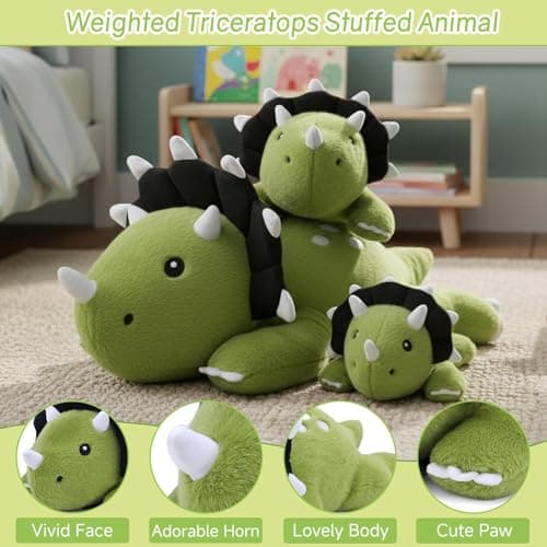 SQEQE Weighted Triceratops Dinosaur Plush, Weighted Stuffed Animal Dinosaur for Comforting Hugs, Soft Plushie Toy Pillow Gift for Kids, Valentines Birthday Decoration 9.8 Inch, 0.8 Lb