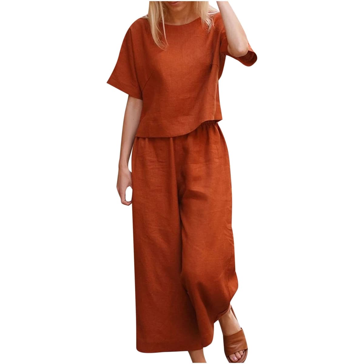 Womens 2 Piece Outfits Summer Linen Sets Short Sleeve V Neck Cropped Top Wide Leg Capris Pants Beach Lounge Sets — view 5
