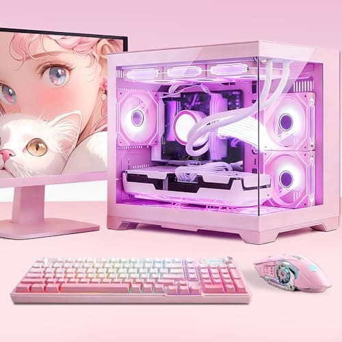 HELLOLAND Ocean Park Pink Gaming Desktop Computer with KB & Mouse, AMD Ryzen 7 9700X 8-Core 3.8 GHz, RTX 5070 12GB, 32GB DDR5, 1TB PCIe SSD, 850W PSU, Fusion 2.0 APP RGB Fan Control, Windows 11 — view 3