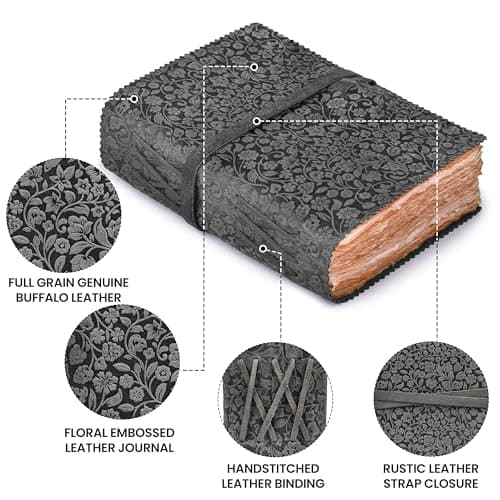 Leather Bound Floral Embossed Journal for Women Men - 200 Pages, 6”X4”(A6), Black - Book of Shadows, Vintage Watercolor Paper, Notebook for Writing, Drawing, Sketchbook By LEATHER VILLAGE — view 2