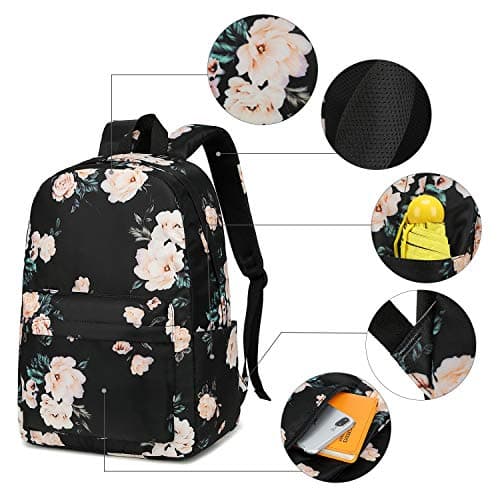 School Backpack for Teen Girls Floral Laptop Book Bag Travel Daypacks (Black-0066) — view 3
