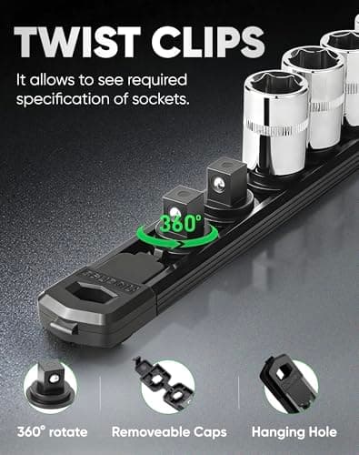 ALOANES 3/8-Inch Drive Magnetic Socket Organizer, Heavy Duty Aluminum Socket Rail Organizer, Socket Holder Kit for Tool Box Drawer, 3/8-Inch Socket Holder x 12 Clips (Black) — view 2