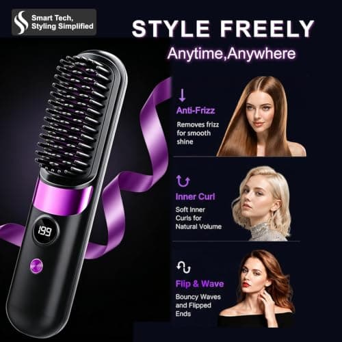 Quick Styling Cordless Heated Hair Comb – 2026 Upgraded Version, Perfect for Travel, Business, Outdoor Shooting, On-the-Go Quick Frizz Taming, Fast Heating, Ionic & Ceramic Hair Care, 4 Adjustable Heat Levels with Display, Type-C Port, for Fine, Normal & Slightly Wavy Hair, Black