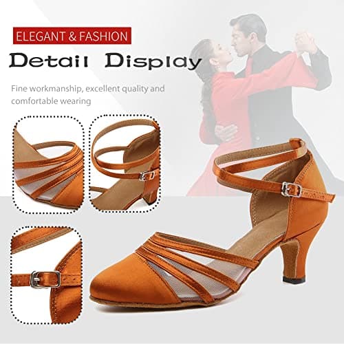 DKZSYIM Women's Satin Latin Dance Shoes Close Toe Ballroom Performance Dancing Shoes,YCL189-Brown-6,US 7 — view 5