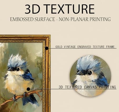 Dougepce 3D Texture Oil Painting,Vintage Gold Framed Wall Art,Blue Bird Wall Art Canvas Prints, Birds on Tree Pictures Wall Decor, Birds Artwork Paintings for Bedroom Wall Decor (Blue 11''Lx9''W) — view 3