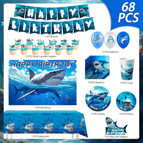 Shark Birthday Party Decorations Supplies, 10 Guests Shark Party Tableware Set Under the Sea Plates Napkins Tablecloths Balloons Banner Cake Toppers etc