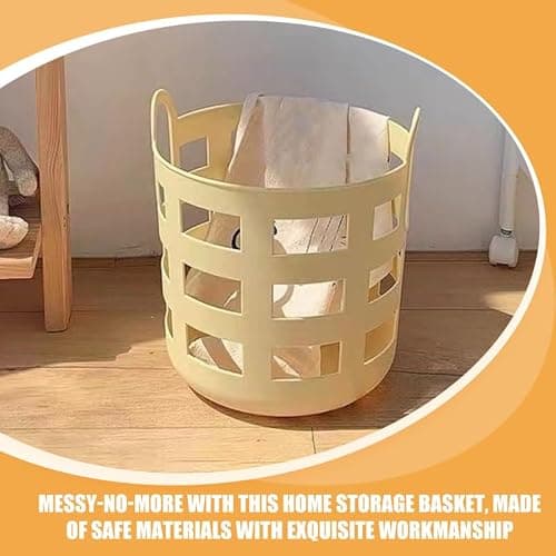 Small Plastic Imitation Rattan Laundry Basket with Handles Clothes Organizer Portable Reusable Storage Hamper for Bathroom and Home Lightweight Hollow-Out Design, 20 X18CM — view 2