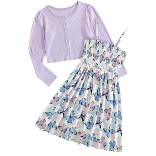 JiAmy Girl Dress and Cardigan 2Pcs Sets Toddler Summer Sleeveless Butterfly Floral Print A-line Dresses with Long Sleeve Coat Kids Casual Clothes for Girls 9-10 Years Purple