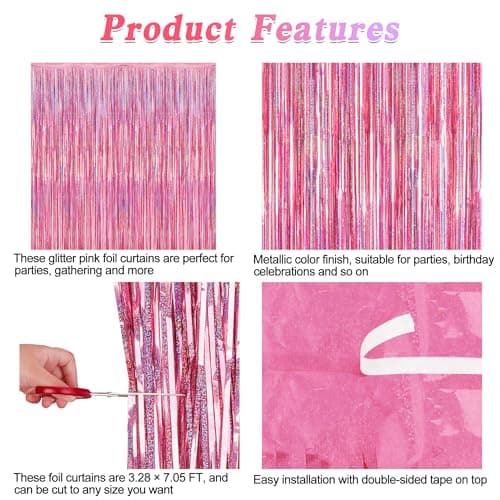 2 Pack Glitter Pink Backdrop, 3.28 FT x 7.05 FT Birthday Party Decorations, Laser Pink Fringe Curtains Foil Streamer Tinsel, Pink Curtains Photo Backdrop Happy Birthday Valentines Day Backdrop — view 3