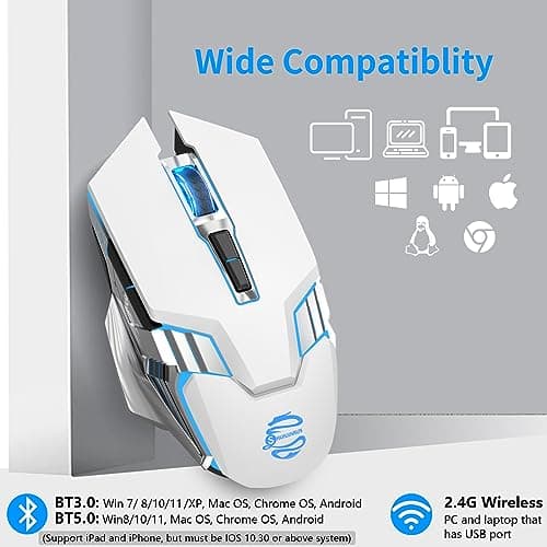 Wireless Mouse Gaming Bluetooth Mouse, Quiet Click, 800mAh Durable Rechargeable Battery, Multi Device, 7 Buttons,Light up Computer Mice for Laptop PC iPad Tablet MacBook Office Gamer - White — view 4