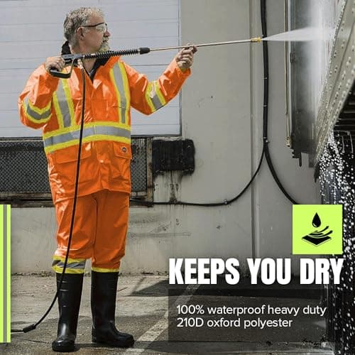 Pioneer Hi Vis Waterproof Heavy Duty Rainsuit - Hooded Rain Jacket and Bib Pants - 210D Oxford Poly/PVC - Orange