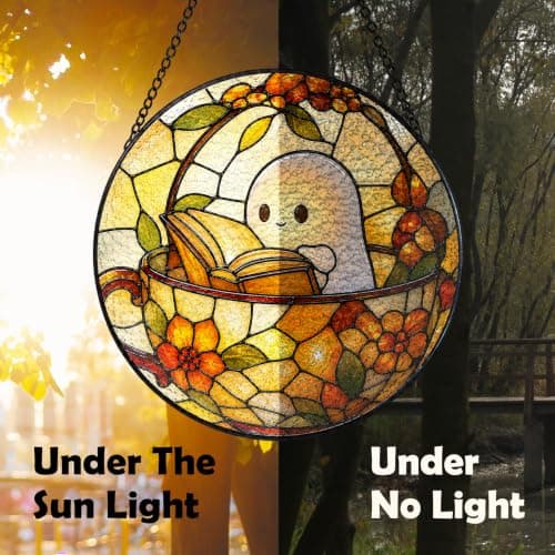 RUKUPA Book Lover Ghost Halloween Stained Glass Window Suncatcher 7.9x7.9 — view 4
