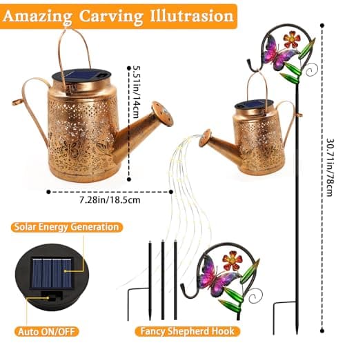 2 Pack Solar Powered Butterfly Watering Can Lights Waterproof Outdoor Decor with Shepherd Hook Hanging Patio Lights for Yard, Garden, Backyard Perfect Gardening Birthday Gift for Women, Mom, Grandma — view 4
