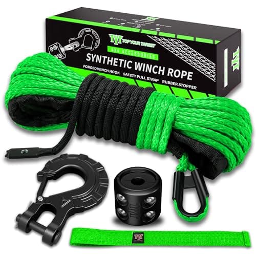 TYT Synthetic Winch Rope Kit, 1/4" x 50' (10,000 lbs) with Protective Sleeve, Heavy-Duty Hook, Rubber Stopper & Safety Pull Strap, for ATV/UTV and Off-Road 4x4 Vehicles (Green)