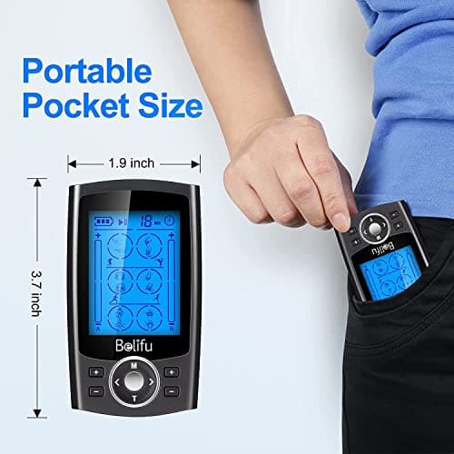 Belifu Dual Channel TENS EMS Unit 24 Modes Muscle Stimulator for Pain Relief Therapy, Electronic Pulse Massager Muscle Massager with 10 Pads, Dust-Proof Drawstring Storage Bag，Fastening Cable Ties — view 2