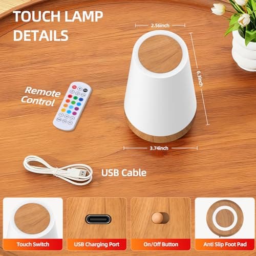 ZWOTNDT Night Light, Dimmable Touch Lamp and Remote Control, 13 RGB Colors & 5 Brightness, Rechargeable Bedside Table Lamp for Baby Kids Nursery Bedroom Bathroom Camping (Wood Grain)