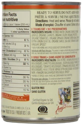 Amy’s Kitchen Organic Lentil Vegetable Soup, Light in Sodium – Vegan, Gluten-Free, Dairy-Free, Lactose-Free, Soy-Free, Corn-Free, Tree Nut-Free, Kosher, Plant-Based, 398ml Can