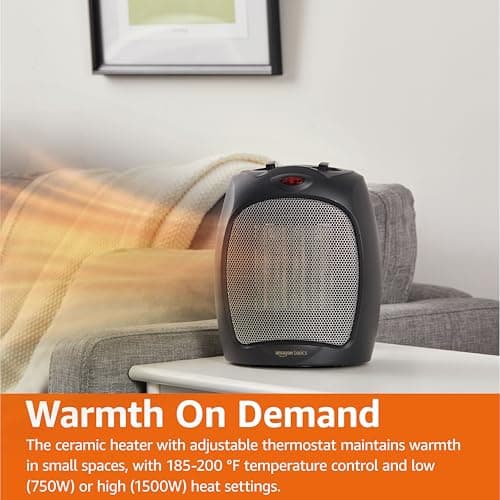 Amazon Basics Ceramic Space Heater, Portable Indoor Heating Solution, With Overheat and Tip-Over Protection, Thermostat, Non-Oscillating, 1500W, 7.52"D x 6.34"W x 9.45"H, Black — view 5
