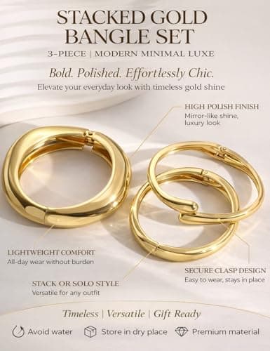 Chunky Gold Bangle Bracelets for Women, Dainty 14k Gold Plated Big Stackable Bangles Set, Trendy Cuff Bracelet Stack Non Tarnish Summer Beach Jewelry Valentines Gifts for Wife Mom — view 7