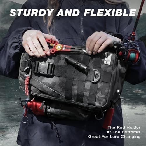 Ghosthorn Fishing Backpack with Rod Holder, Fishing Tackle Sling Bag, Lightweight Fish Storage Tackle Box Fly Fishing Gifts for Men Women Child (Black Camouflage) — view 4