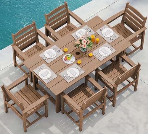 SERWALL 7 Pcs Outdoor Dining Set, 1 Umbrella Hole Table & 6 Chairs, Brown