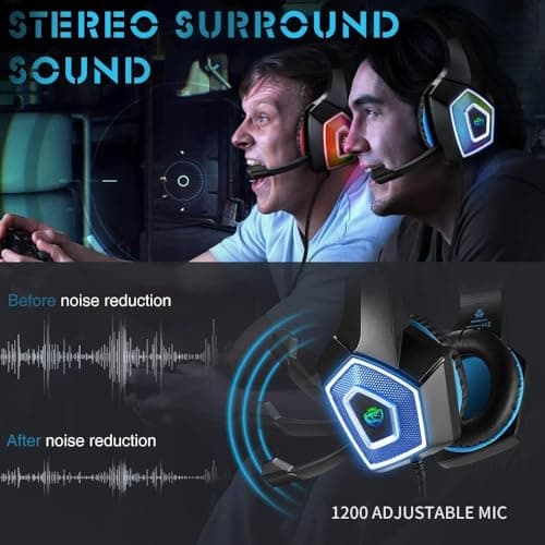 Gaming Headset with Mic for Xbox One PS4 PC Switch Tablet Smartphone, Headphones Stereo Over Ear Bass 3.5mm Microphone Noise Canceling 7 LED Light Soft Memory Earmuffs(Free Adapter) — view 2