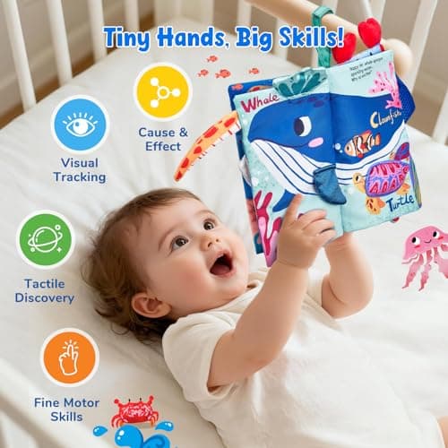 JoyCat Baby Books 0-6-12 Months - Ocean Tummy Time Toys Mirror - Montessori Sensory Activity Cloth Book with 3D Crab & Fish - Newborn Easter Basket Stuffers — view 5