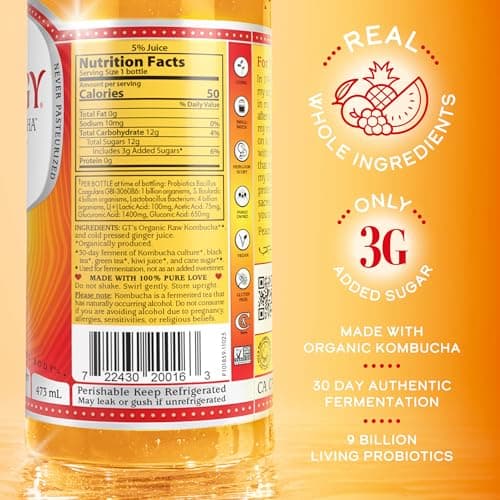 SYNERGY The Real Kombucha - Gingerade - 16 fl oz Bottle - Raw Probiotic Drink for Gut Health and Immune Support