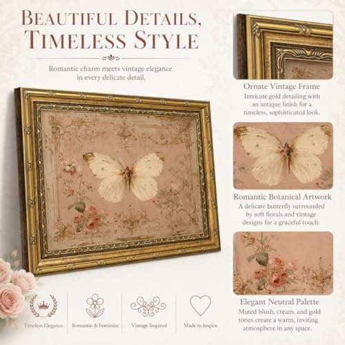 Gold Framed Wall Art Vintage Butterfly Canvas Wall Art White Moth Moody Rustic Insect Artwork Prints Picture for Living Room Bedroom Farmhouse Bathroom Office Decor, 11" L x 9" W — view 3