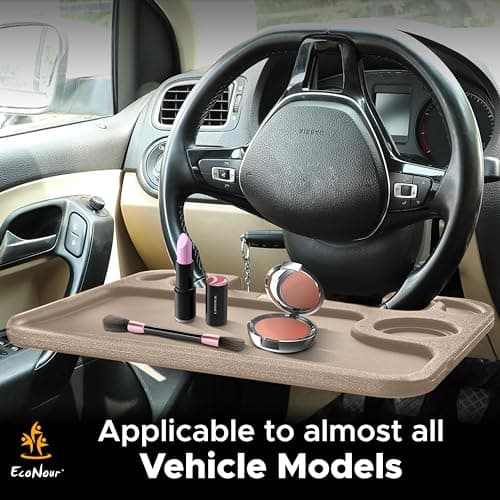 EcoNour 2 in 1 Car Steering Wheel Desk (Beige) | Steering Wheel Tray for Laptop, Eating, Drinks | Rectangular ABS Car Tray with Pen Holder & Cup Holder — view 6