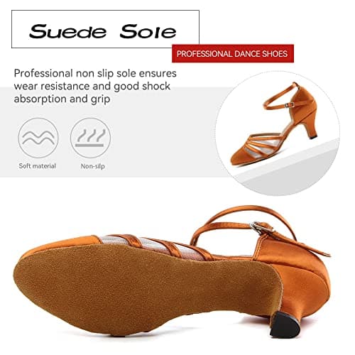 DKZSYIM Women's Satin Latin Dance Shoes Close Toe Ballroom Performance Dancing Shoes,YCL189-Brown-6,US 7 — view 4