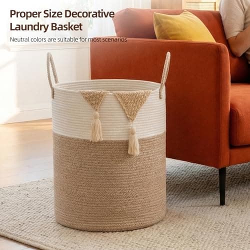 OIAHOMY Large Laundry Basket Hamper - 60L Cotton Rope Woven Basket for Blankets, Toys, Clothes - Tall Decorative Nursery Hamper with Long Handles, Brown/White — view 3