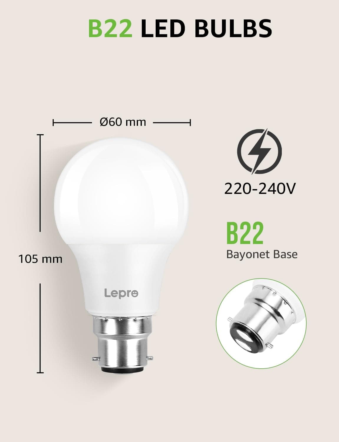 Lepro Bayonet Light Bulb, 60W Equivalent, Warm White 2700K, 8.5W 806lm B22 LED Bulb, BC A60 GLS Energy Saving Lightbulbs, Non-dimmable, Pack of 6 — view 6