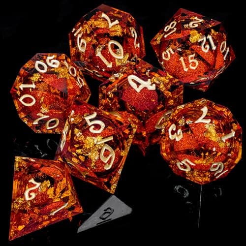 ARUOHHA Liquid Core DND Dice Set, 7pcs Resin Sharp Edged Dragons Dice Compatible with D&D Role Playing Game, Handmade RPG Golden Red Dungeons Polyhedral Dice with Gift Box, D20 D12 D10 D8 D6 — view 4