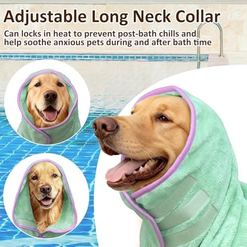 Soft Dog Bathrobe Fast Drying Dog Coat, Super Absorbent Dog Towels for After Bath, Microfiber Pet Robe Adjustable Collar & Belly Warm Keeping Dogs Coat for Pet Dogs & Cats (Green, X-Large) — view 3