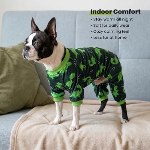 Fitwarm Dinosaur Dog Fleece Pajamas, Warm Clothes for Small Dogs Boy, Cozy Pet Onesie with Feet, Dark Green, Bright Green, Small — view 6